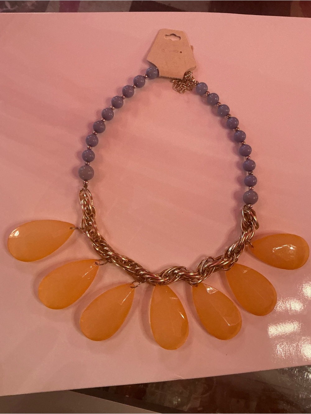Statement Teardrop Pendant Necklace - Lavender Beads with Yellow Teardrops